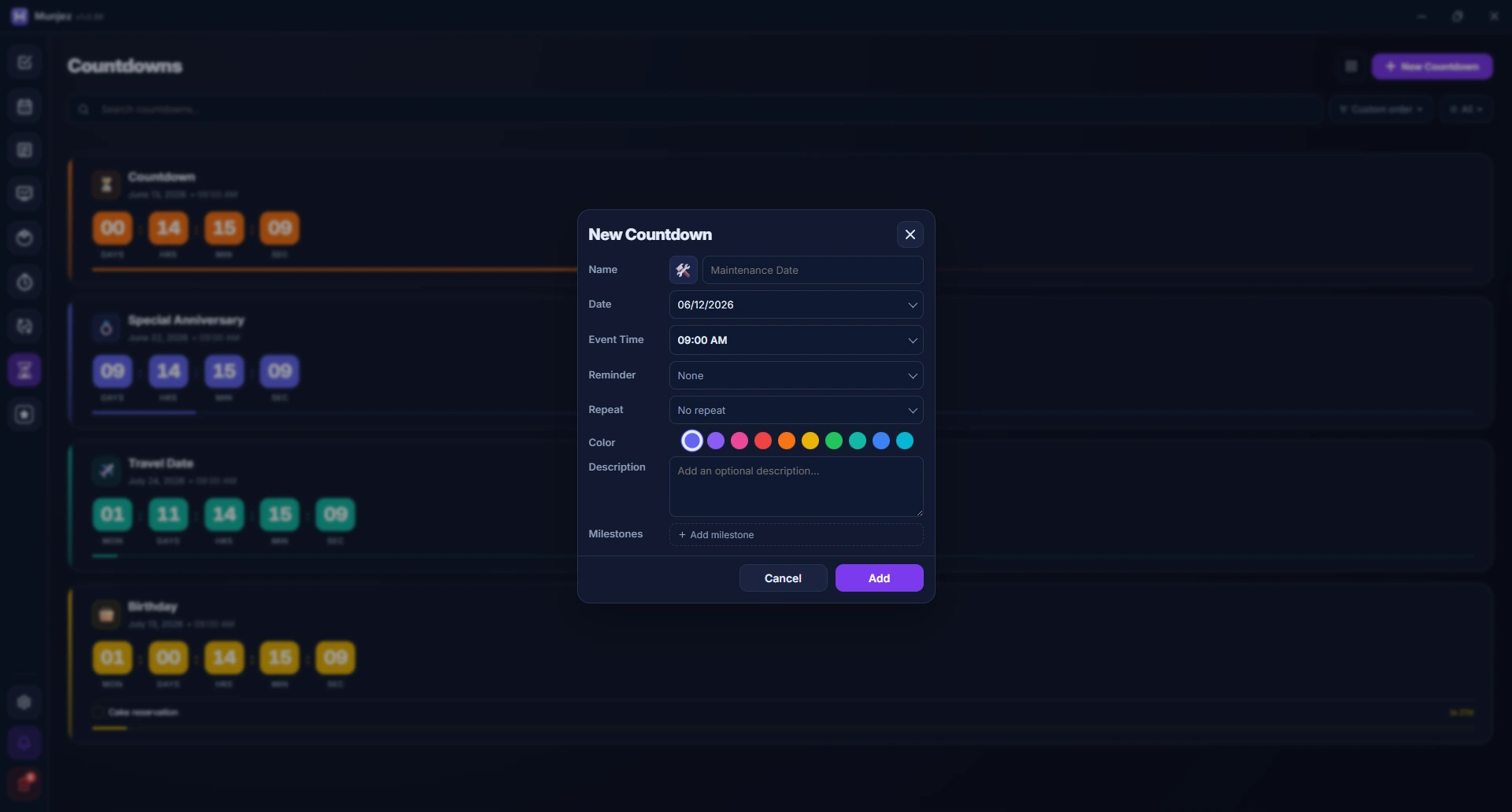 Munjez countdown — creating new timer