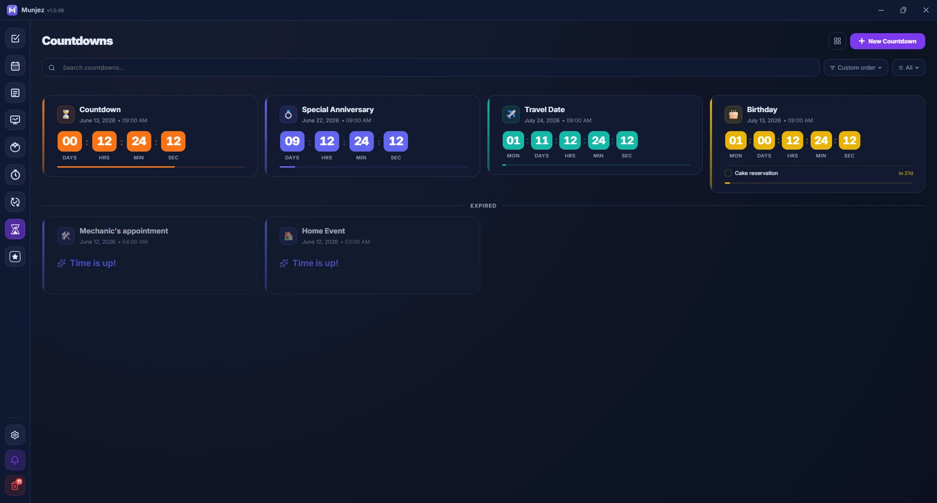 Munjez countdown — timer history and presets