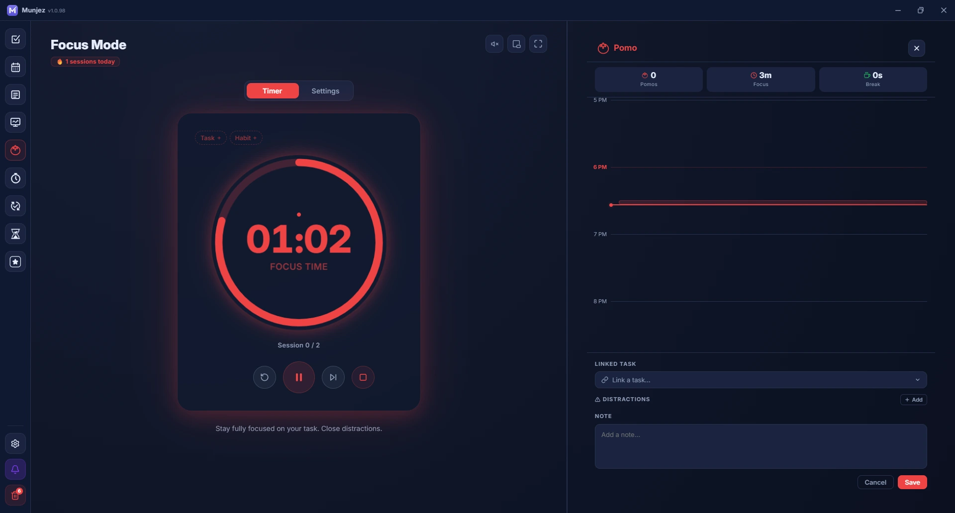 Munjez focus mode — Pomodoro timer running