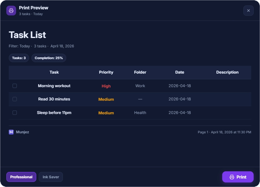 Munjez task manager — task filters and sorting